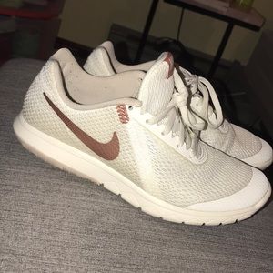 Rose gold & white nike shoes